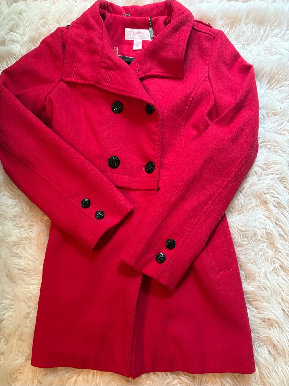 Jessica Simpson Girls Bright Red Double-Breasted Peacoat with Black Buttons